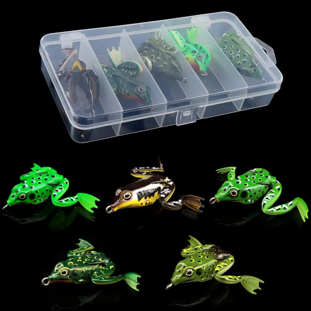 

5pcs/lot High Carbon Steel & Lead Soft Frog Lure Snakehead Bait with Web-footed 5 Colors Mixed Fishing Lure with Box