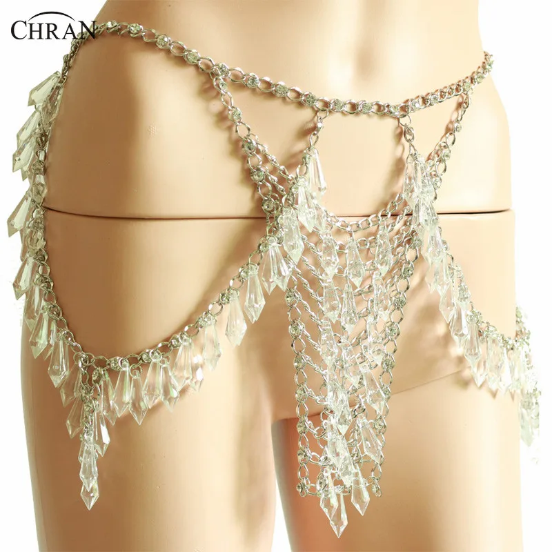 Chran Silver Chain Mini Skirt Festival Jewelry Burning Man Sequin Body Chain Dance Accessories Boho