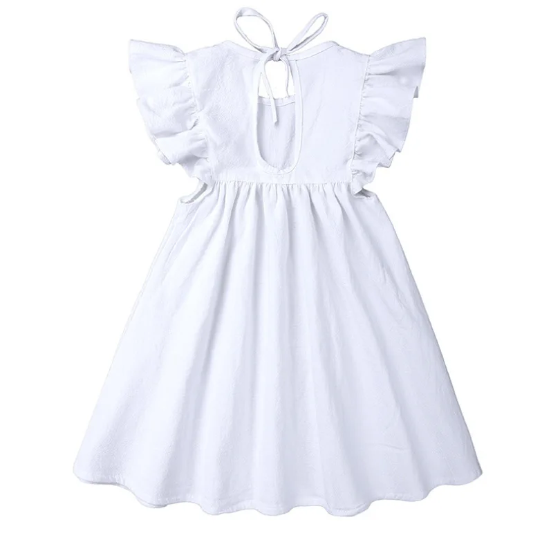 Модное весенне-летнее платье без рукавов для девочек; однотонное льняное хлопковое кружевное Повседневное платье принцессы с рукавами; белое Повседневное платье