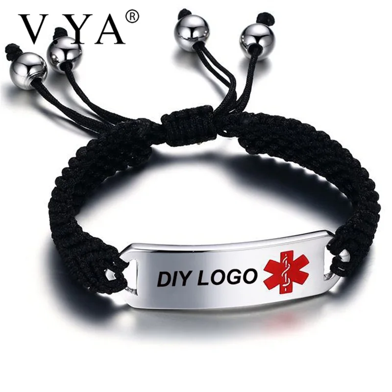 

V.YA Medical Alert Customized Hand Rope Bracelet Stainless Steel Engraved Black Braided Bracelet Fashion DIY Bracelet For Men