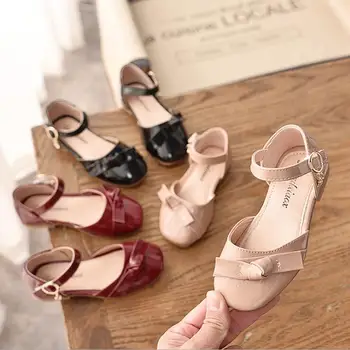 

2019 Children girls PU shoes Girls princess bowknot Shoes Flat casual dance Shoes 21-35 black red pink TX07