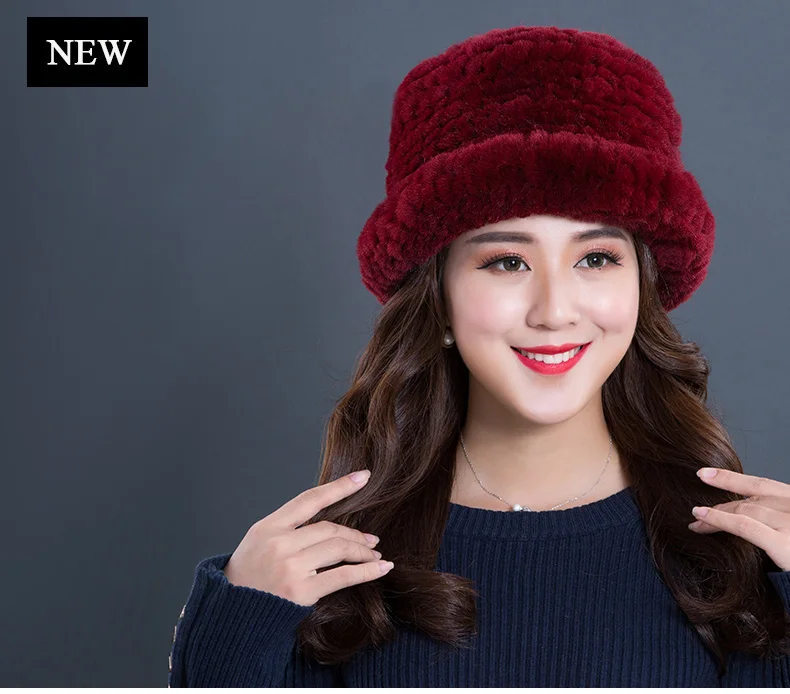 Luxury Natural Fur hats Fur Bucket Hat Russian Real Rex Rabbit Fur Hat Female Solid Women's Winter Cap Ladies (2)