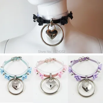

Sexy Cute Lolita Harajuku Handcrafted Kawaii O Round Flower Heart Lock Lockable Collar Layer Leather Choker Necklace