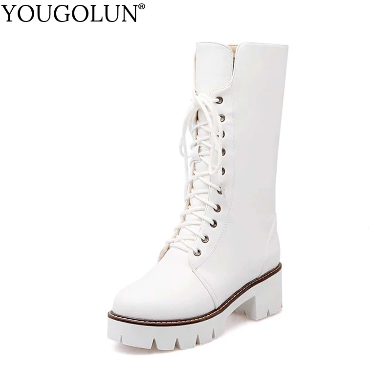 

YOUGOLUN Winter Women Mid-Calf Snow Boots Fashion Square Heels(5cm)Boots Woman Lace up Black White Round toe Warm Platform Shoes