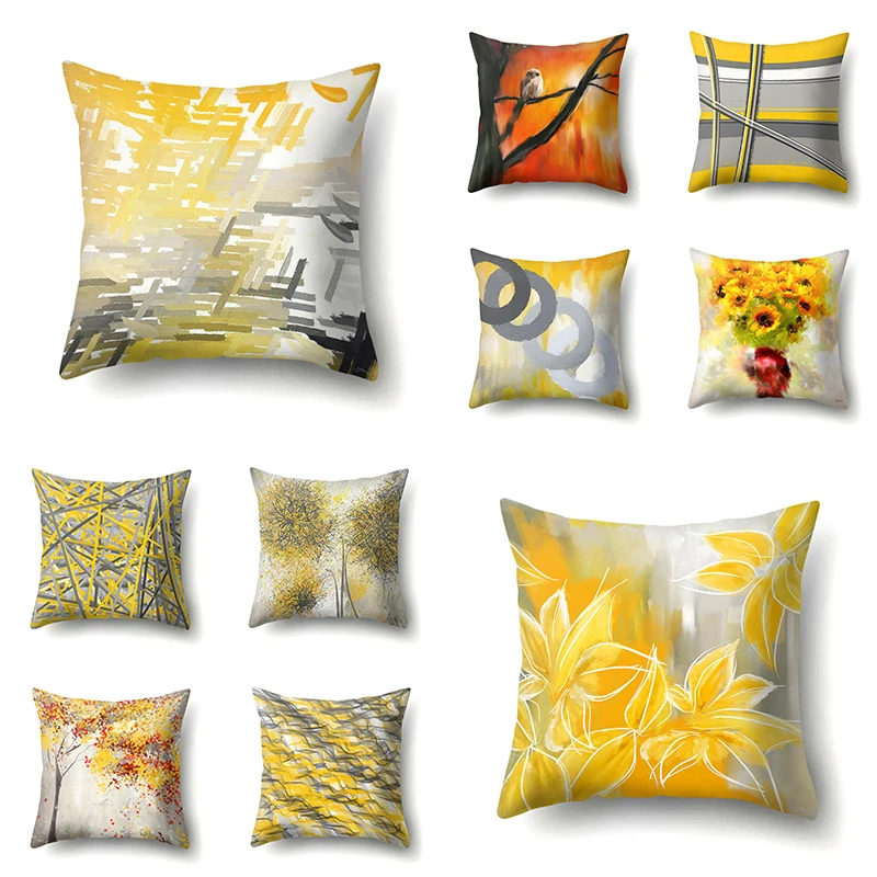 

Yellow Nordic Cushion Cover 45x45cm Printed Geometric Polyester Lines Flowers Throw Pillow Covers Plants Sunflower Pillowcases
