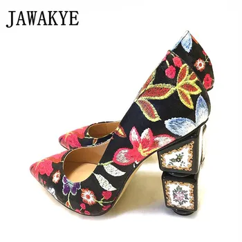 

Retro Print Flowers Chunky High Heel Shoes Pumps Sexy Pointed Toe Coloured Drawing Women Pumps Runway Party Shoes Woman