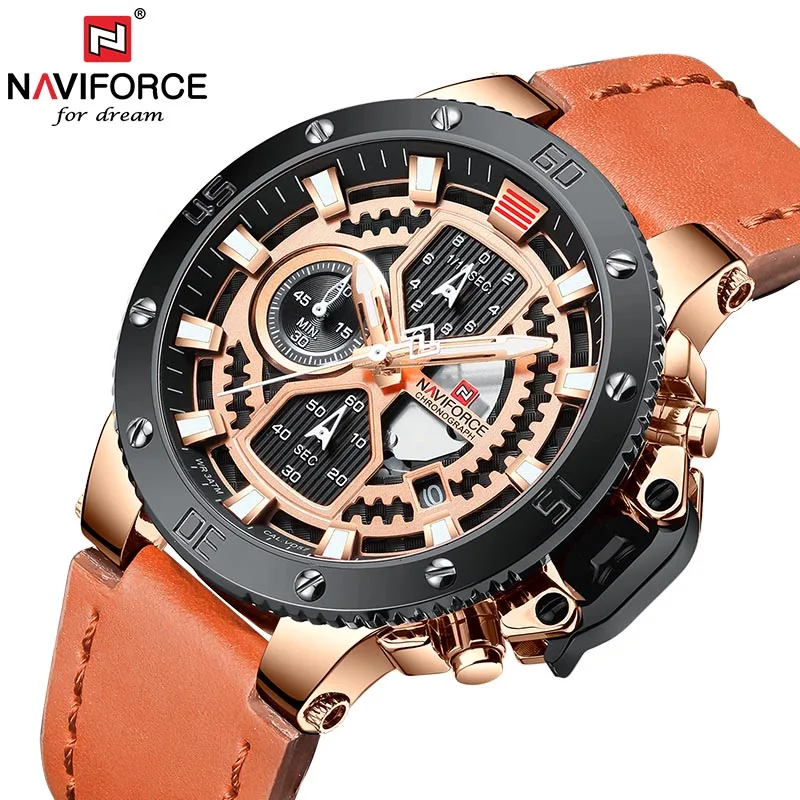 NAVIFORCE мужские s часы Красные большие часы Мужские Роскошные наручные часы с хронографом часы мужские кварцевые мужские s часы лучший бренд класса люкс - Цвет: Brown Gold Black