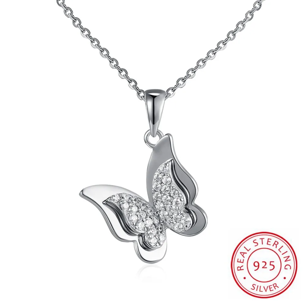 S925 серебро бабочка с бриллиантом Цепочки и ожерелья Cadenas де-плата 925 Mujer бабочка Цепочки и ожерелья s заявление Цепочки и ожерелья для Для