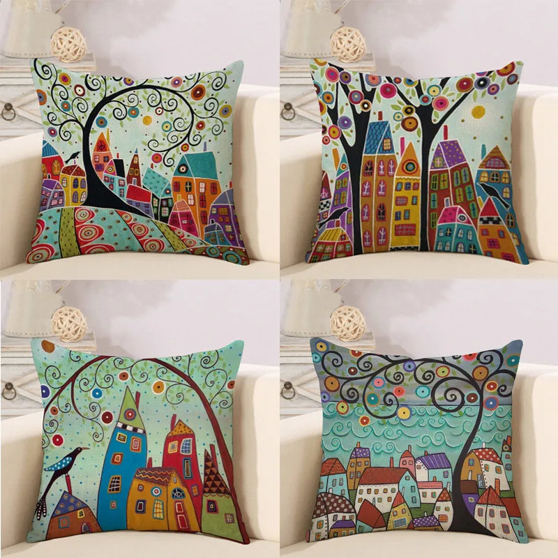 

Linen Pillow Cover Vintage European Building Style Pattern Cushion Cover Home Decorative Cheap Pillow Case 45x45cm
