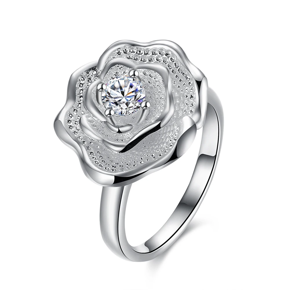 

Promotions! Wholesale Plated Silver Ring, Plated Silver Fashion Jewelry, Romantic Rose Inlay Crystal CZ Ring for Women