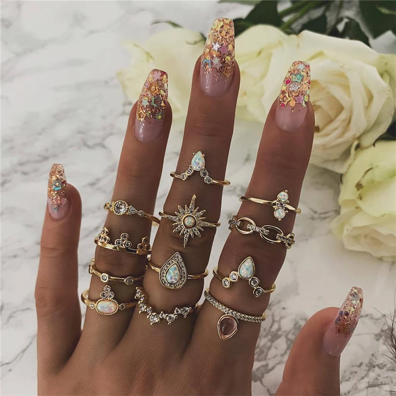 

Canner 12 Pcs/set Bohemia Rings Vintage Crown Water Drops Stars Geometric Crystal Opal Ring Set Women Party Jewelry C35