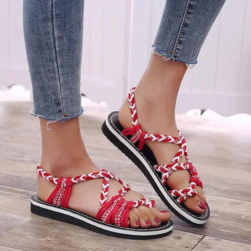 2019 New Summer Sandals Women Patchwork Rope Flat Sandals Lady Sandalen Comfy EVA Beach ShoesWoman Sandale Femme