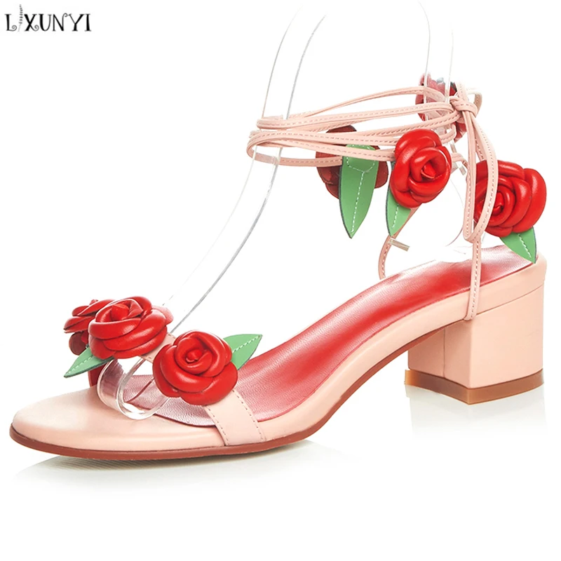 

LXUNYI Red Flower Genuine Leather Sandals Pink Platform Shoes Chunky Heels Fashion 2018 Summer Shoes Elegent Solid Shoes Women's