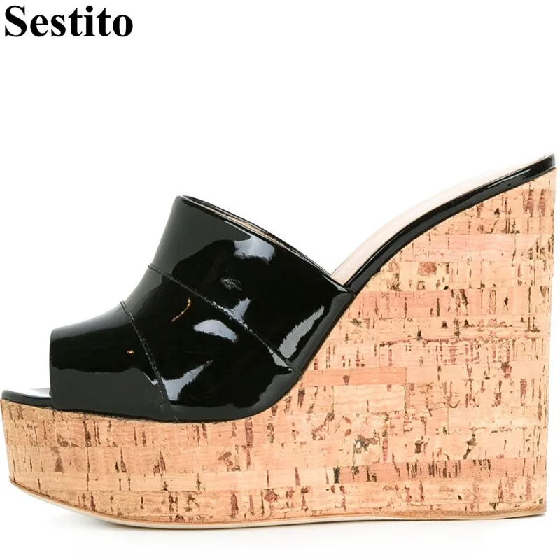 

Concise Black Gladiator Flat Casual Sandals Peep Toe Wooden Pattern Wedges Women Sandals Slip-on Back Open Summer Women's Shoes