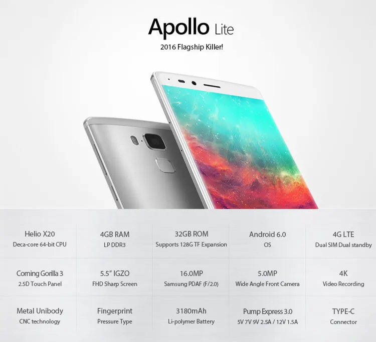 VERNEE APOLLO LITE Helio X20 4GB RAM 32GB ROM MTK6797 2.3GHz Deca Core 5.5 Inch 2.5D Corning Gorilla Glass 3 Sharp IGZO FHD Screen Android 6.0 4G LTE Smartphone