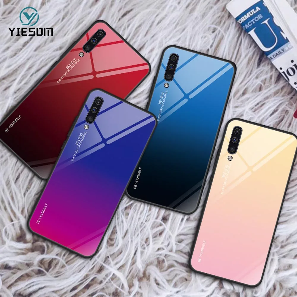For Samsung Galaxy A50 A30 Case Gradient Tempered Glass Soft Silicone Cases M10 M20 Shockproof Phone Cover | Мобильные телефоны и