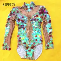 Multicolor Big Sequins Mermaid Bodysuit ชุดไนท์คลับเซ็กซี่ Leggings Jumpsuit Party เครื่องแต่งกาย Rhinestones Nude Rompers