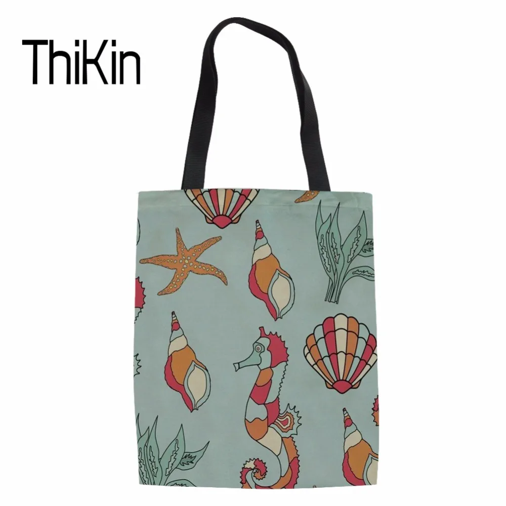 

THIKIN Fashion Folding Shopping Bags Cartoon Seahorse Print Women Canvas Tote Bag for Female Casual Daliy Beach Reusable Package