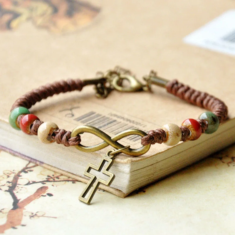 

Cross Bracelets Infinity Pendant Ceramic Beads Women Men Weave Rope Chain Cuff Bangle Wristbands Fashion Charm Jewelry