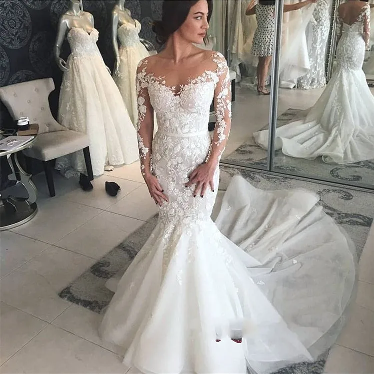 

New Gorgeous Lace Tulle Wedding Dress Mermaid Style Long Sleeve Backless Bridal Gown Sweep Train