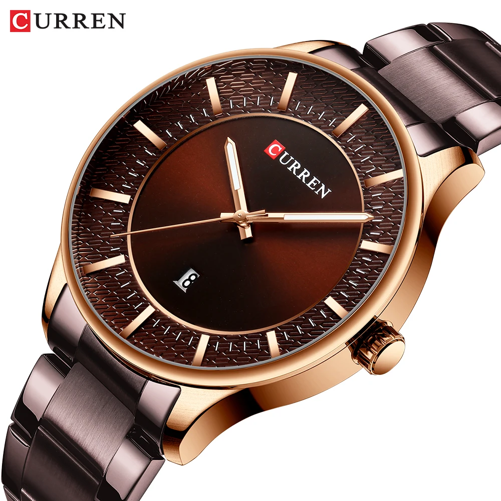 

CURREN Rose Gold Case Mens Watch Business Quartz Wrist Watches Date Function Waterproof Brown Stainless Steel Band Clock Relogio