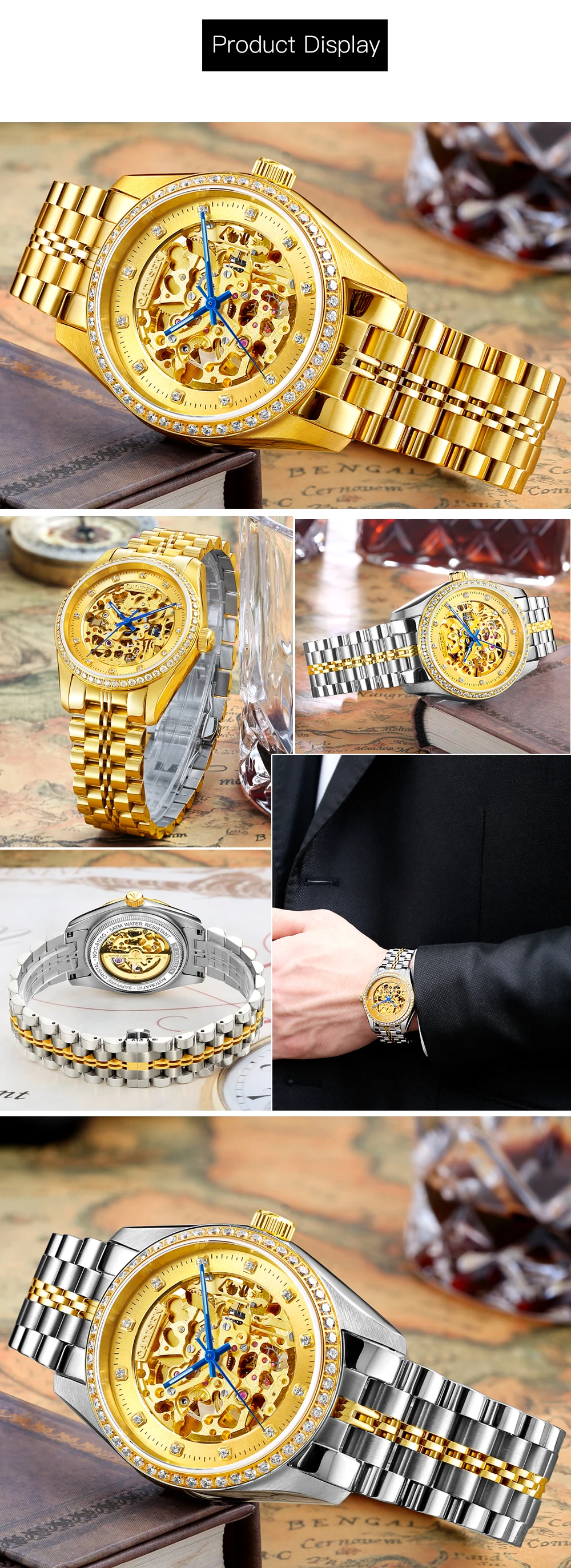 Cadisen золотые часы Мужские механические часы со скелетом из нержавеющей стали Топ Роскошные мужские часы Montre Homme полые наручные часы