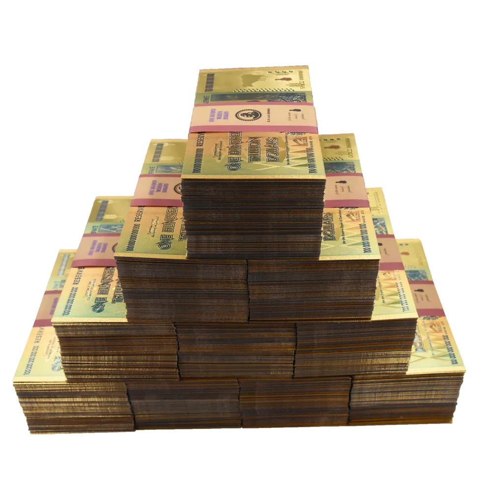 

1000PCS/LOT Colored Gold Zimbabwe 24K Gold Banknote One Hundred Trillion Dollars with Security Label/UV Light for Gambling Money