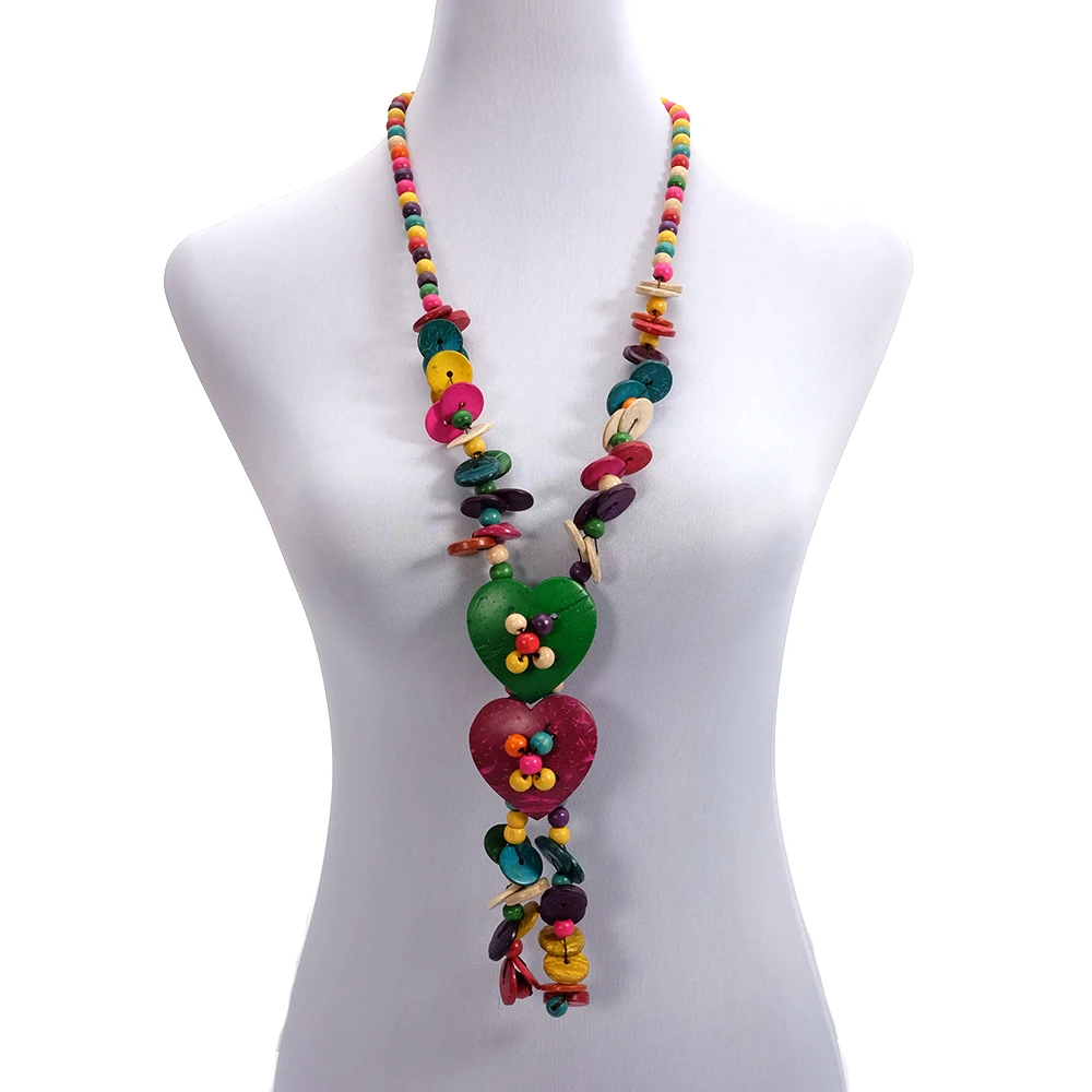 

Wholesale Double Heart Ethnic Necklace Coconut Shell Multicolor Wooden Beaded Strand Handmade Knitted Women Bohemian Jewelry