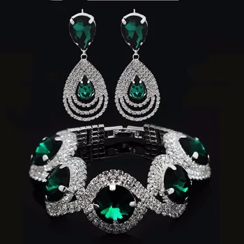 

Luxury Jewelry suit Girls Bridal Rhinestone green Austrian Jewelry Set Bracelet EarringsCZ Luxury Ms. girl