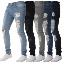 Мужские джинсовые брюки, рваные зауженные джинсы с дырками, мужские Модные обтягивающие джинсы-карандаш в стиле хип-хоп для мужчин
