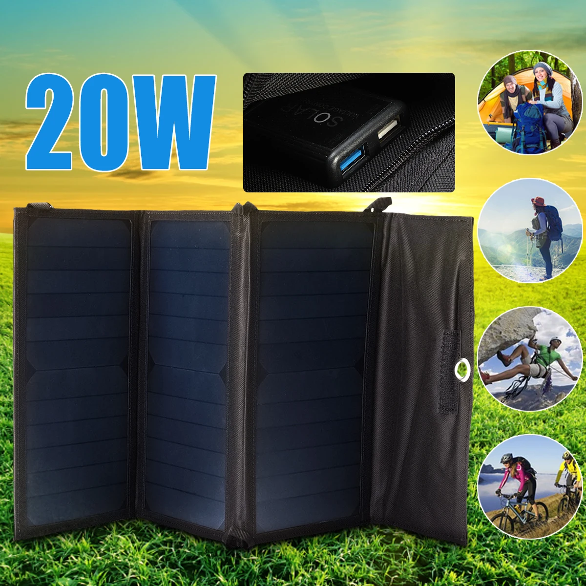 

Foldable 20W Solar Charger Folding USB 5v Battery Charger Portable Waterproof Solar Panel External Battery For Outdoor Camping