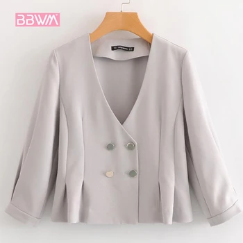 

2018 autumn new women's retro metal buckle V-neck jacket double-breasted Slim female jacket