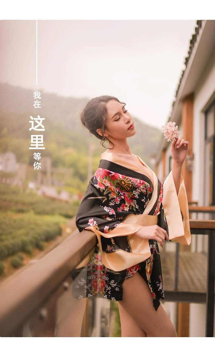 Наборы =(халат+ стринги+ пояс) японский стиль женское сексуальное шелковое нижнее белье с глубоким v-образным вырезом Ночная сорочка