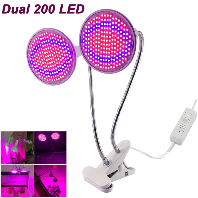 

2018 Dual Head Grow LED Plant Light With Flexible Desk Holder Clip+Dual Switch For Indoor Flower Seed Growing 200LED Bulb Lamp