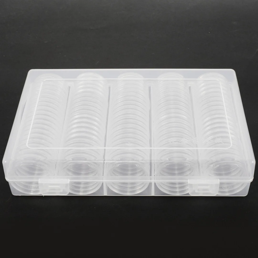 New Coin Collection Storage Box Case Holder Clear Display Album + 27mm/30mm 100pcs Capsule Case Transparent Round Storage Box