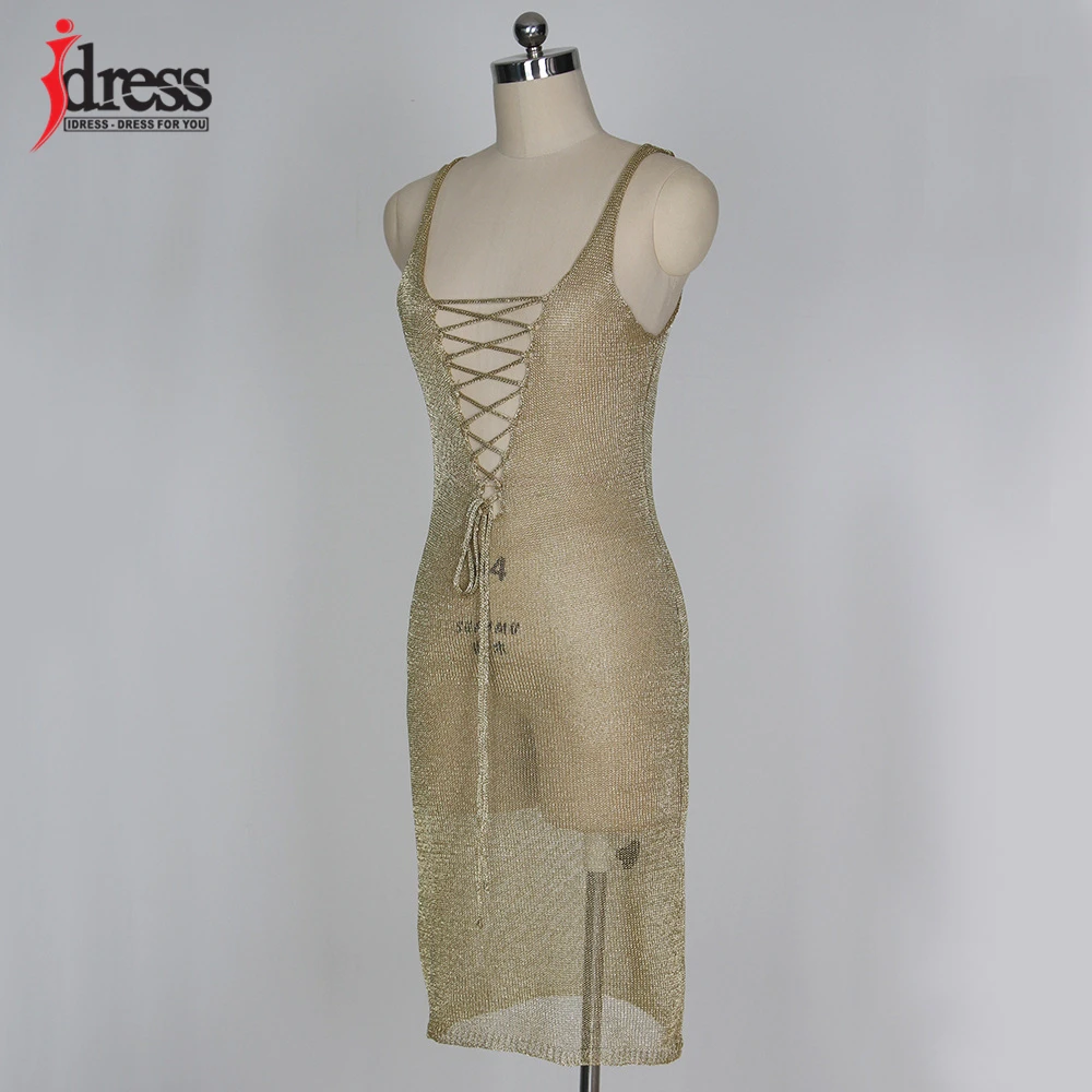 IDress Big Size Rose Gold Women Casual Sleeveless Hollow Out Golden Women Beach Dresses Deep V Neck Lace Up Tank Dress Vestidos (4)