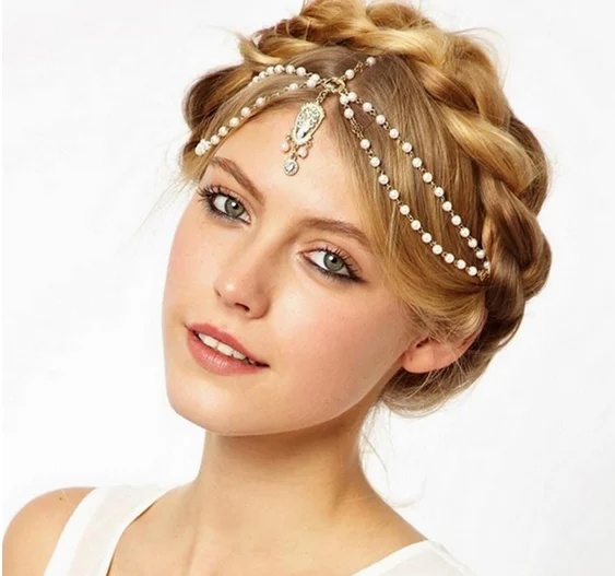 

Women Crown Tikka Headband Wedding Head Chain Vintage Deco Flapper Ivory Multi Beads