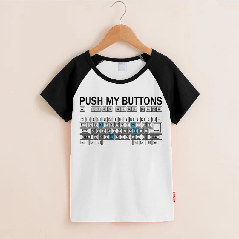 Забавная женская футболка с принтом «Push My Buttons», летние топы, повседневные футболки из хлопка с круглым вырезом и коротким рукавом, белая и розовая парная футболка