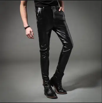 

New 2019 autumn trend hair stylist simple leather pants PU male elastic casual leather pants Korean motorcycle leather pants
