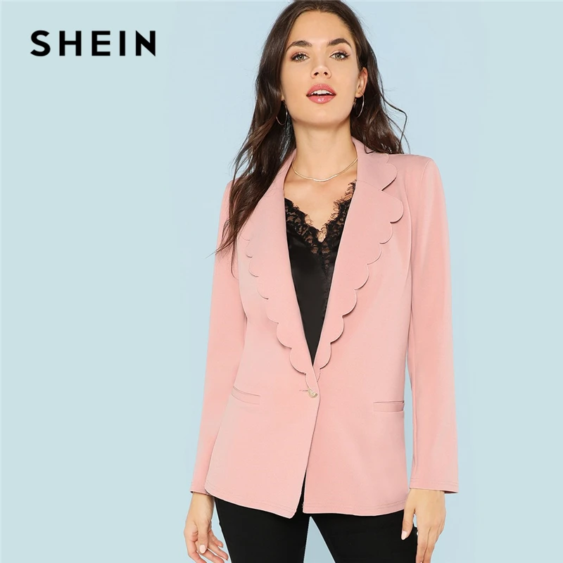 Buy SHEIN Pink Office Lady Elegant Scallop Trim Button Pocket Notched Solid