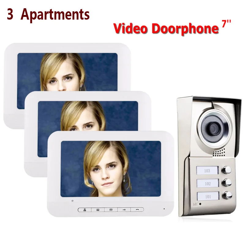 7-дюймовый ЖК-дисплей 3 квартиры телефон видео домофон Системы IR-CUT HD 1000TVL Камера дверной звонок Камера с 3 кнопки 3 монитор