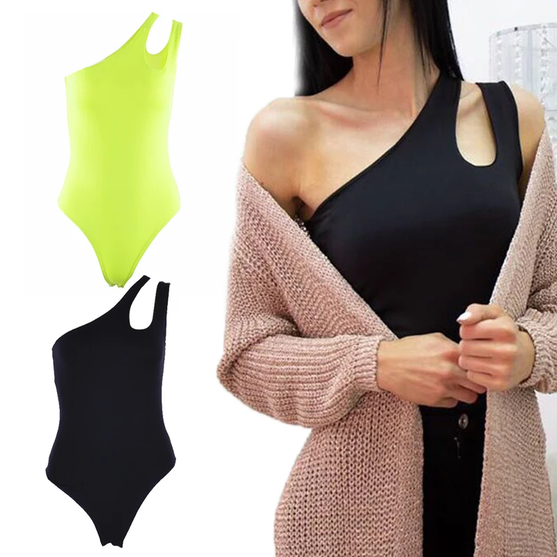 النيون ارتداءها الإناث واحد الكتف بذلة النيون بذلة مثير أكمام ملابس حريمي 2019 combinaison فام زائد حجم playsuit