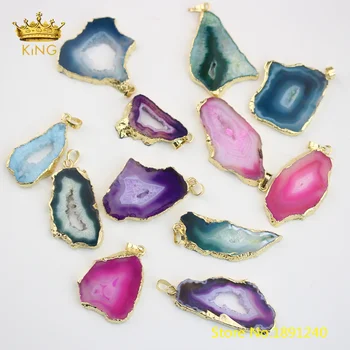 

5pcs Summer Freeform Slice Druzy Pendant Fine Jewelry,Drusy Agates Plated Gold Slab Geode Necklace for Women Beauty Gift HS15