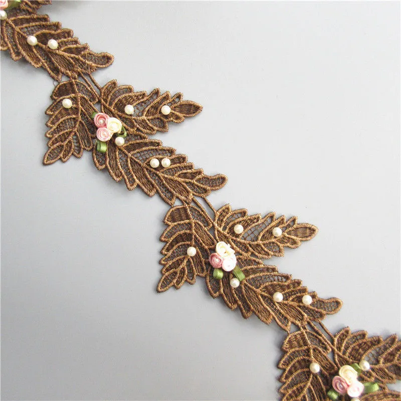 

1Meter 10.5cm Coffee Pearl Leaf Lace Edge Trim Ribbon Fabric Embroidered Applique Sewing Craft Crochet DIY Wedding Dress Clothes