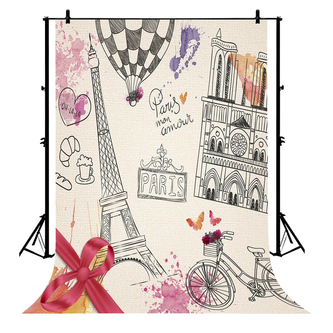 

5x7ft Cartoon Paris Eiffel Tower Flowers Polyester Photo Background Portrait Backdrop