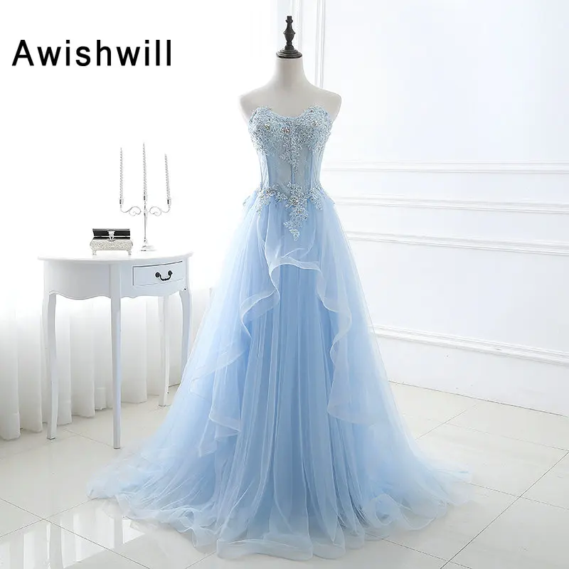 

Vestido Formatura Elegant Long Prom Dresses Floor Length Beaded Appliques Tulle A-line Lace-up Back Party Evening Dress