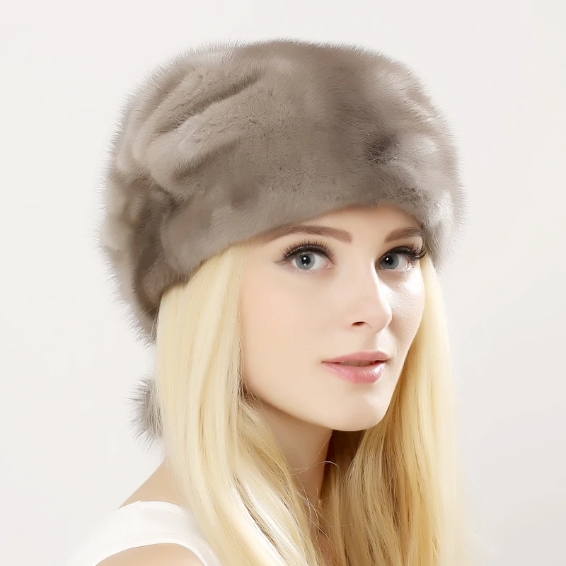 Whole Genuine Mink Fur Hats Female Winter With mink Fur Pompons Elegant Luxury High Quality Ladies Beanie