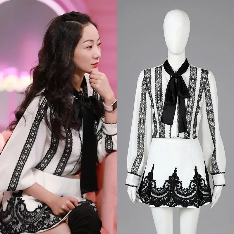 

2019 Lipstick Prince Han Xue with Lace Shirt Embroidered Halves Skirts Trousers New Style Women 2 Piece Sets Lantern Sleeve