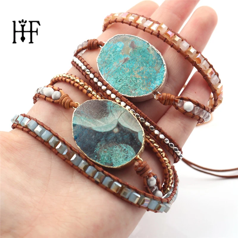 

2019 Women Leather Bracelet Unique Mixed Natural Stones Gilded Stone Charm 5 Strands Wrap Bracelets Handmade Boho Bracelet