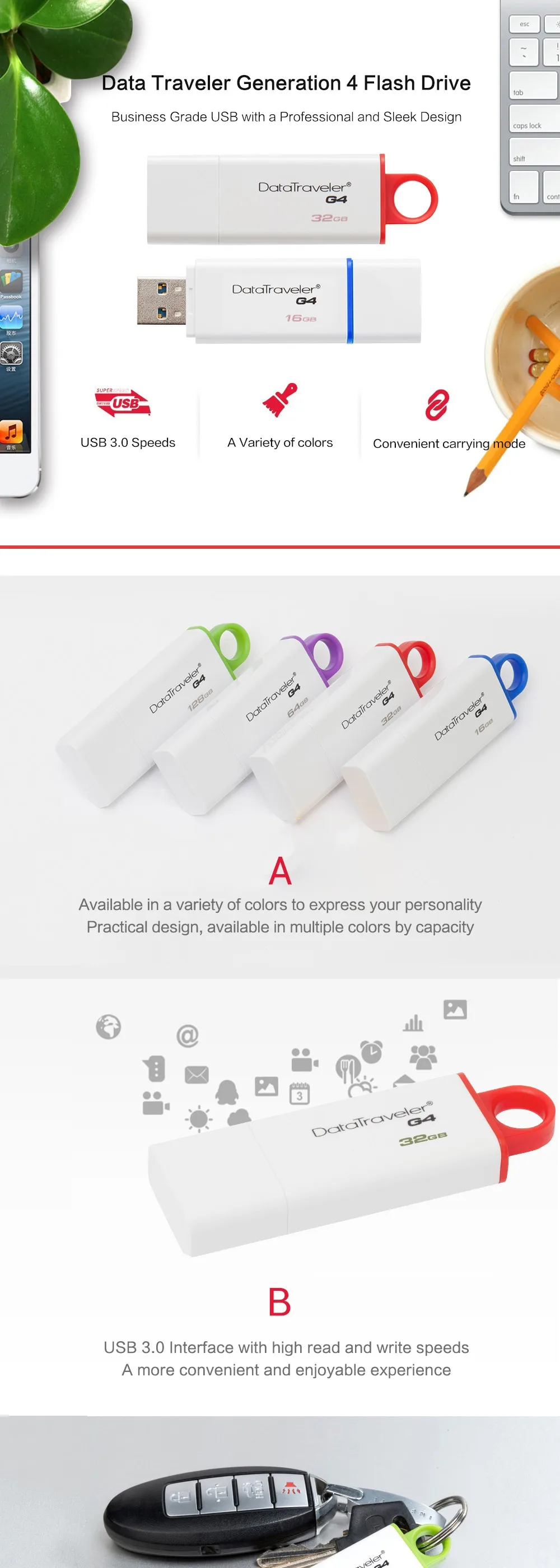 Kingston 32GB USB 3.0 PenDrives 64GB 128GB USB Flash Drives DataTraveler G4 Plastic Pratical Cap Pen Drives Memory Disk